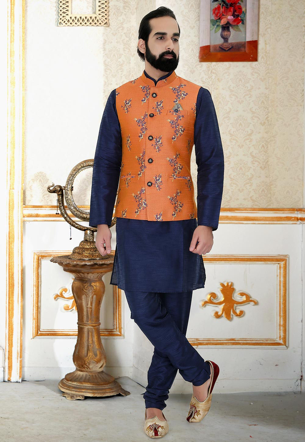 Digital Printed Art Silk Jacquard Nehru Jacket in Orange : MHG1893