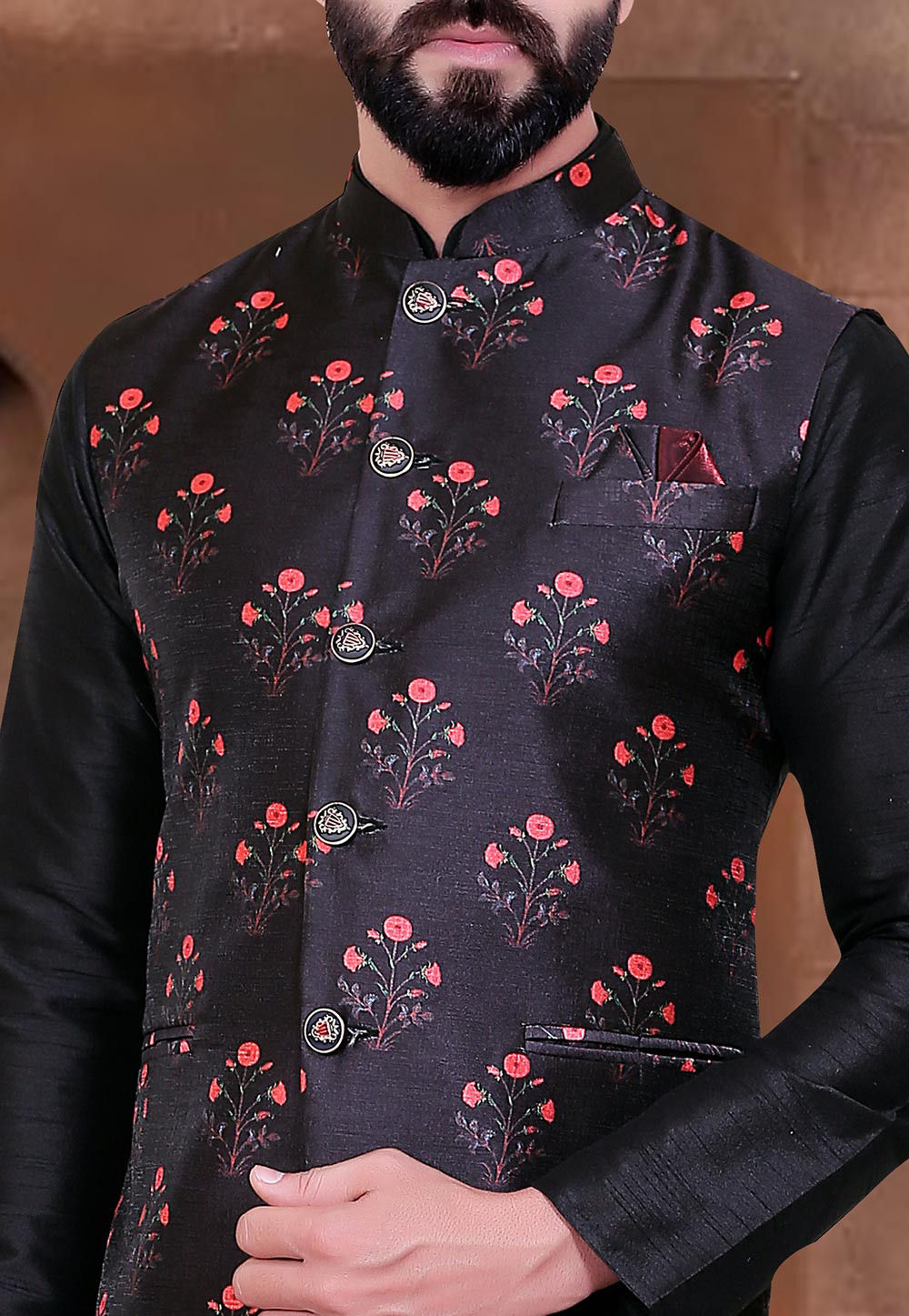 Black Silk Kurta Jacket Set With Thread Detail Work main image 1