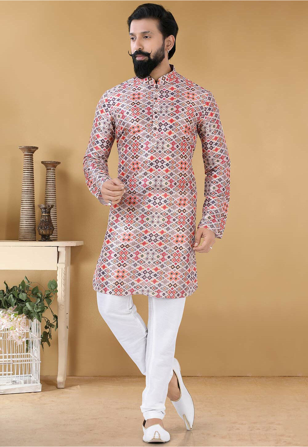 Multicolour Viscose Printed Kurta Set For Men With Heavy Hand Embroidery main image 1