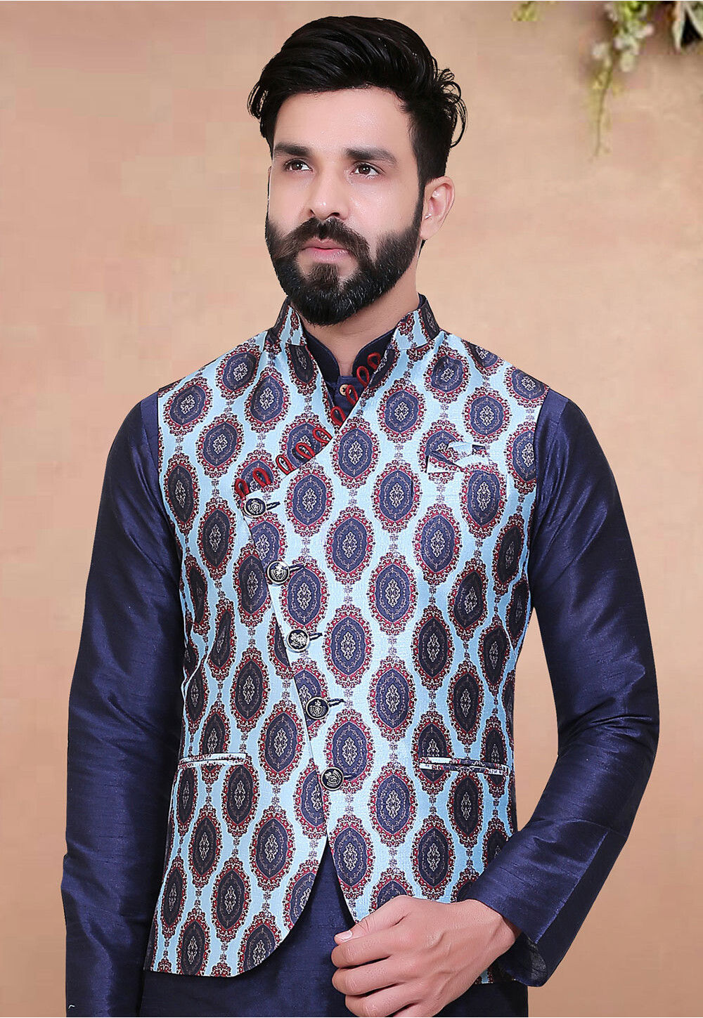 Digital Printed Art Silk Nehru Jacket in Blue
