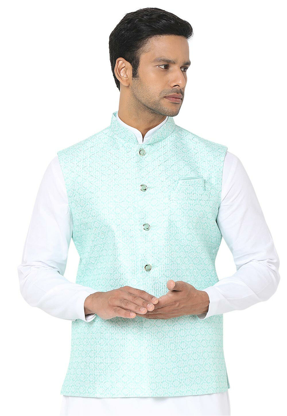 Men's Sleeveless Ethnic Jacket Self Design Nehru Jacket