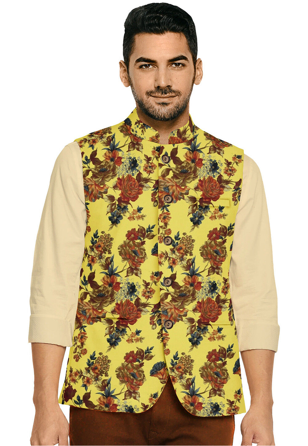 Digital Printed Art Silk Nehru Jacket in Pastel Yellow MTE1457