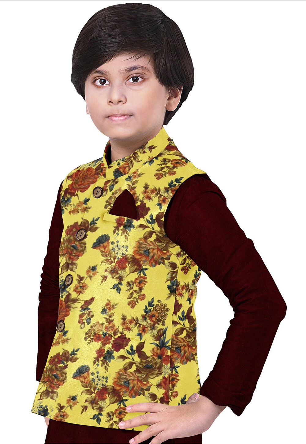 Buy Digital Printed Art Silk Nehru Jacket in Pastel Yellow Online