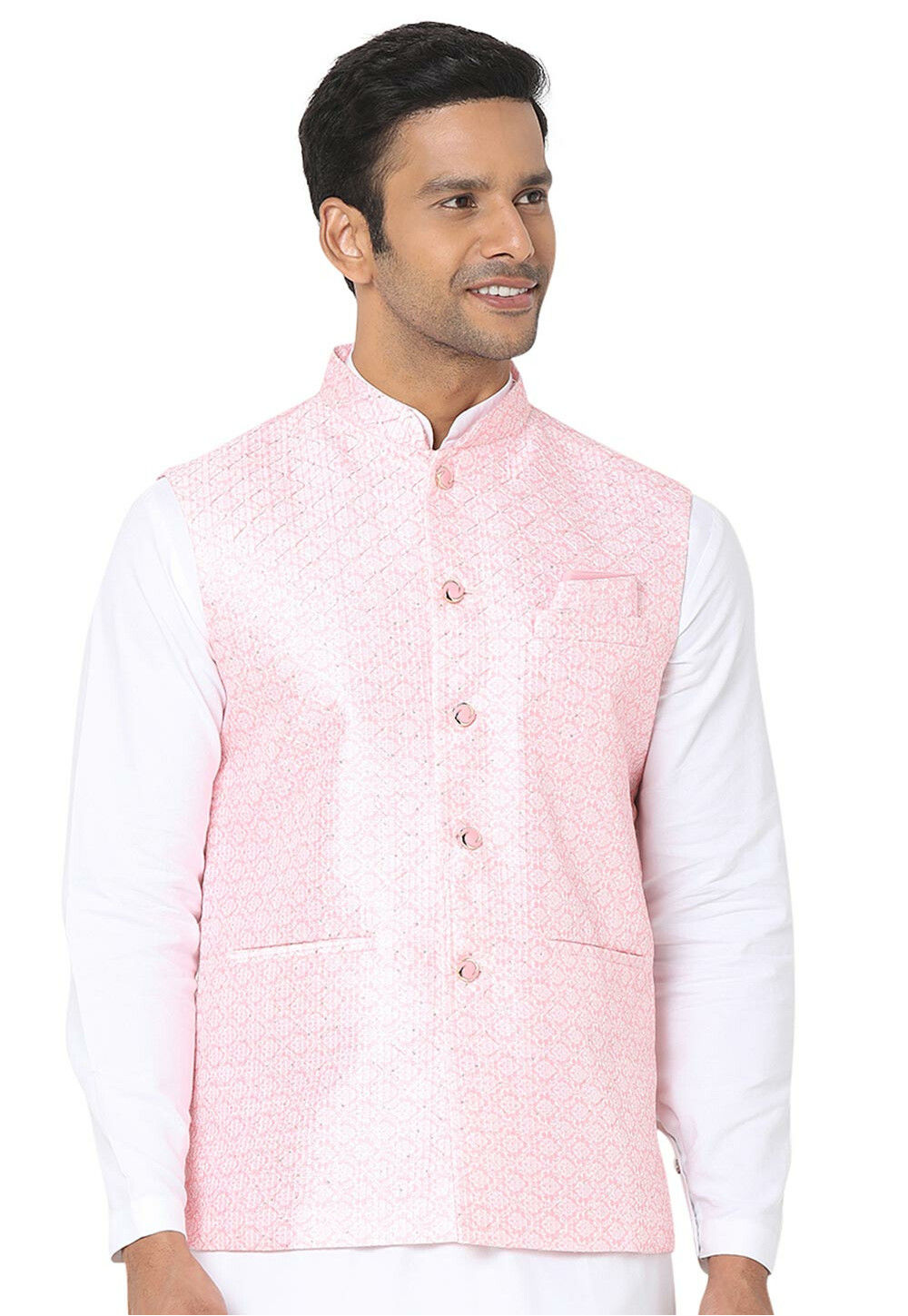 Digital Printed Art Silk Nehru Jacket in Pink