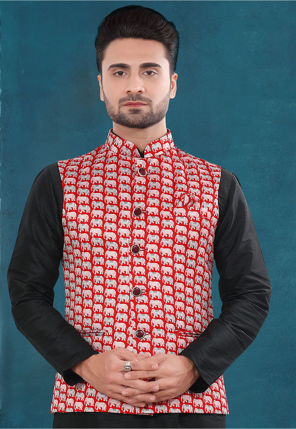Digital Printed Art Silk Nehru Jacket in Red MHG2646