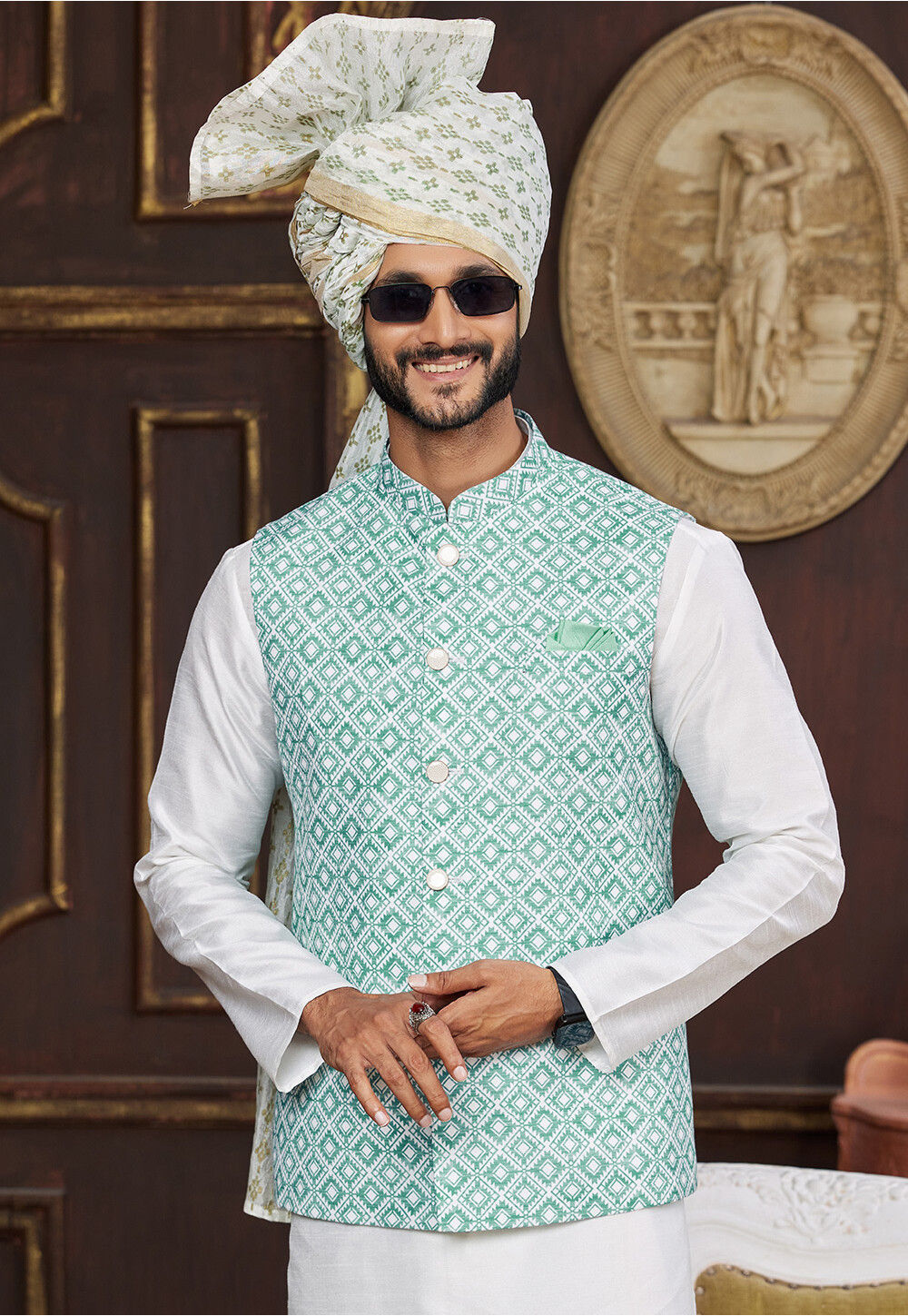 Buy Digital Printed Art Silk Nehru Jacket in Sea Green Online MLY2298 Utsav Fashion