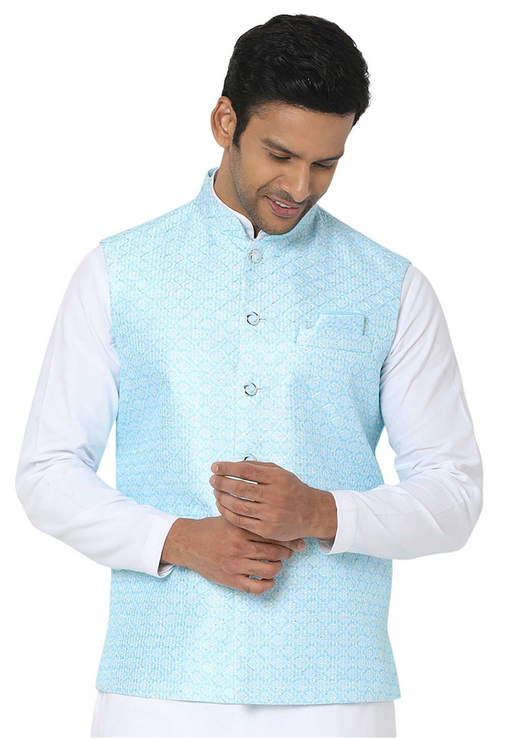 Thread Work Nehru Jacket In Sky Blue