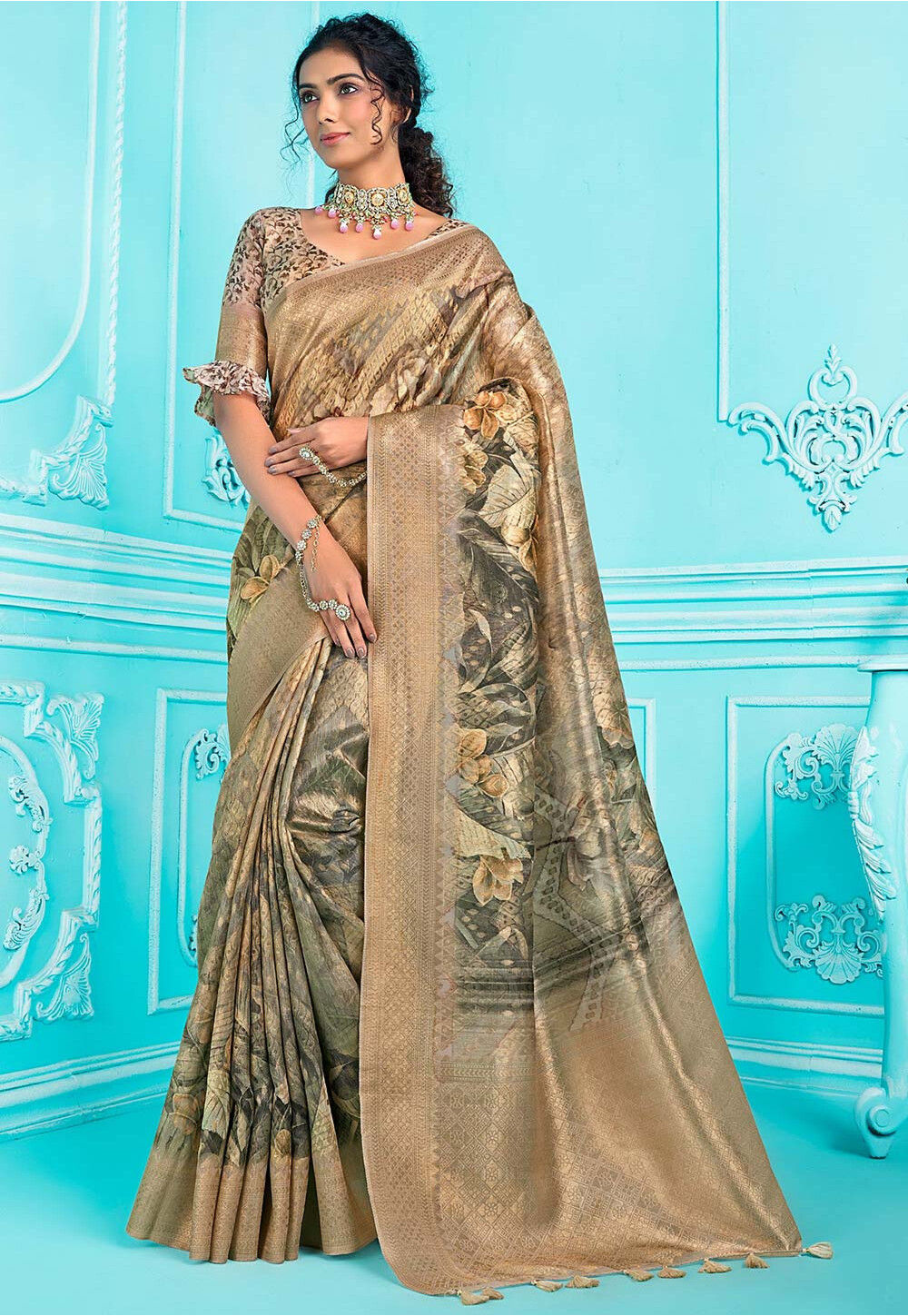 Buy Digital Printed Art Silk Saree In Beige Online Syc12059 Utsav Fashion