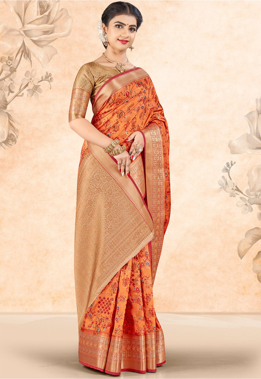 digital printed art silk saree in orange v1 ssf21114