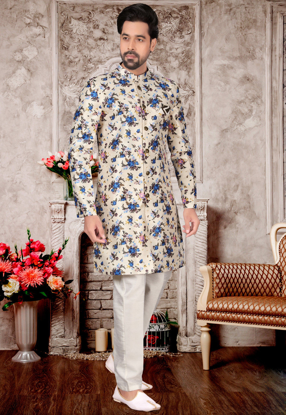 Digital Printed Art Silk Sherwani in Light Beige
