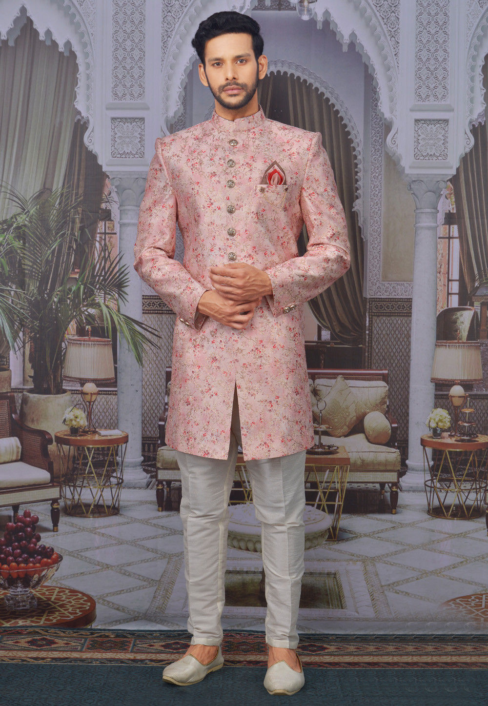 Digital Printed Art Silk Sherwani in Pink : MGV1105