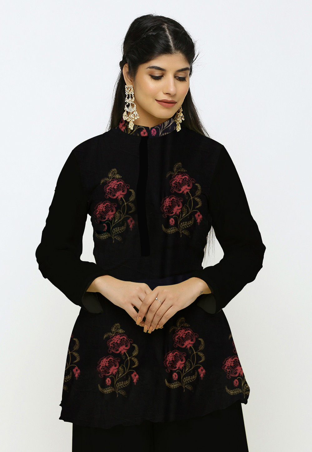 Black Chanderi Digital Printed Straight Kurti Pant Dupatta Fully Readymade  Dress | eBay