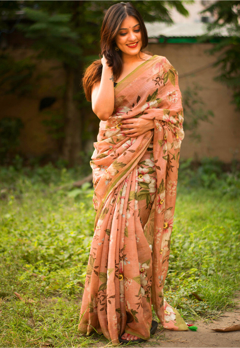 Aria Peach Printed Chanderi Silk Saree – Old Marigold