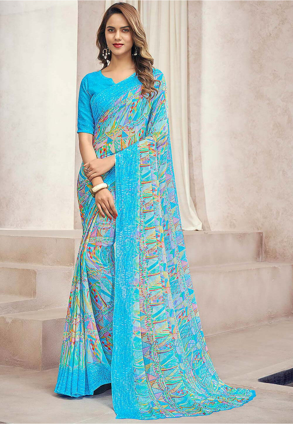 Women's Turquoise Blue Chiffon With Stone Embellished Stripes And Temple  Patterns Collection at Soch India