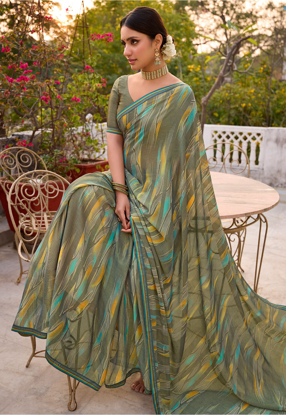 Grey Printed Chiffon Saree