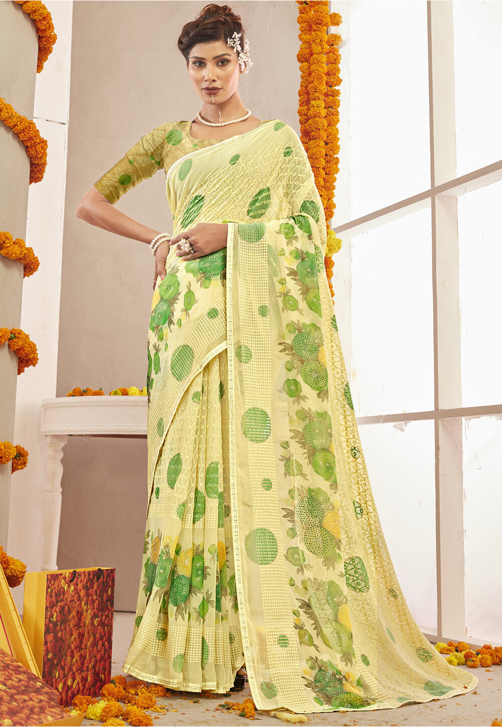 Buy Nikasha Yellow Chiffon Saree With Printed Blouse Online | Aza Fashions