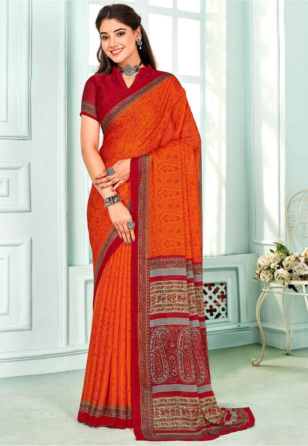 Obsessive Orange Chiffon Saree – Fashionous