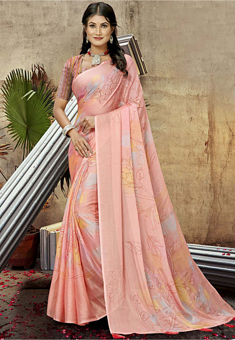 Buy Peach Chiffon Saree for Women Online from India's Luxury Designers 2023