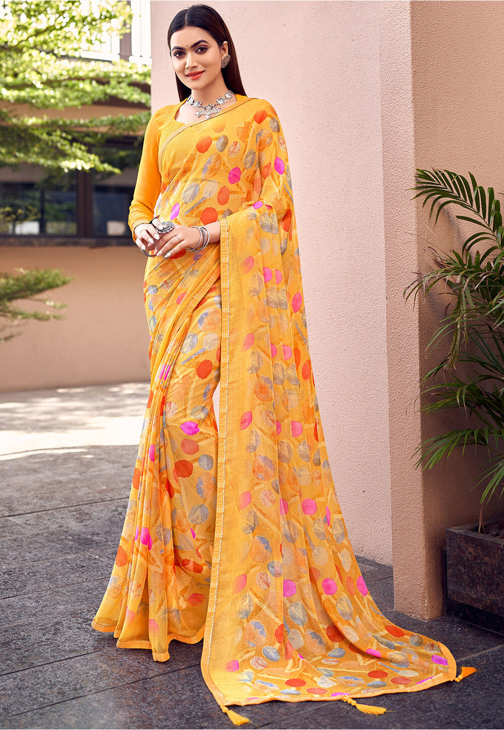 Lime Yellow Chiffon Saree with Badla work | Mirra clothing