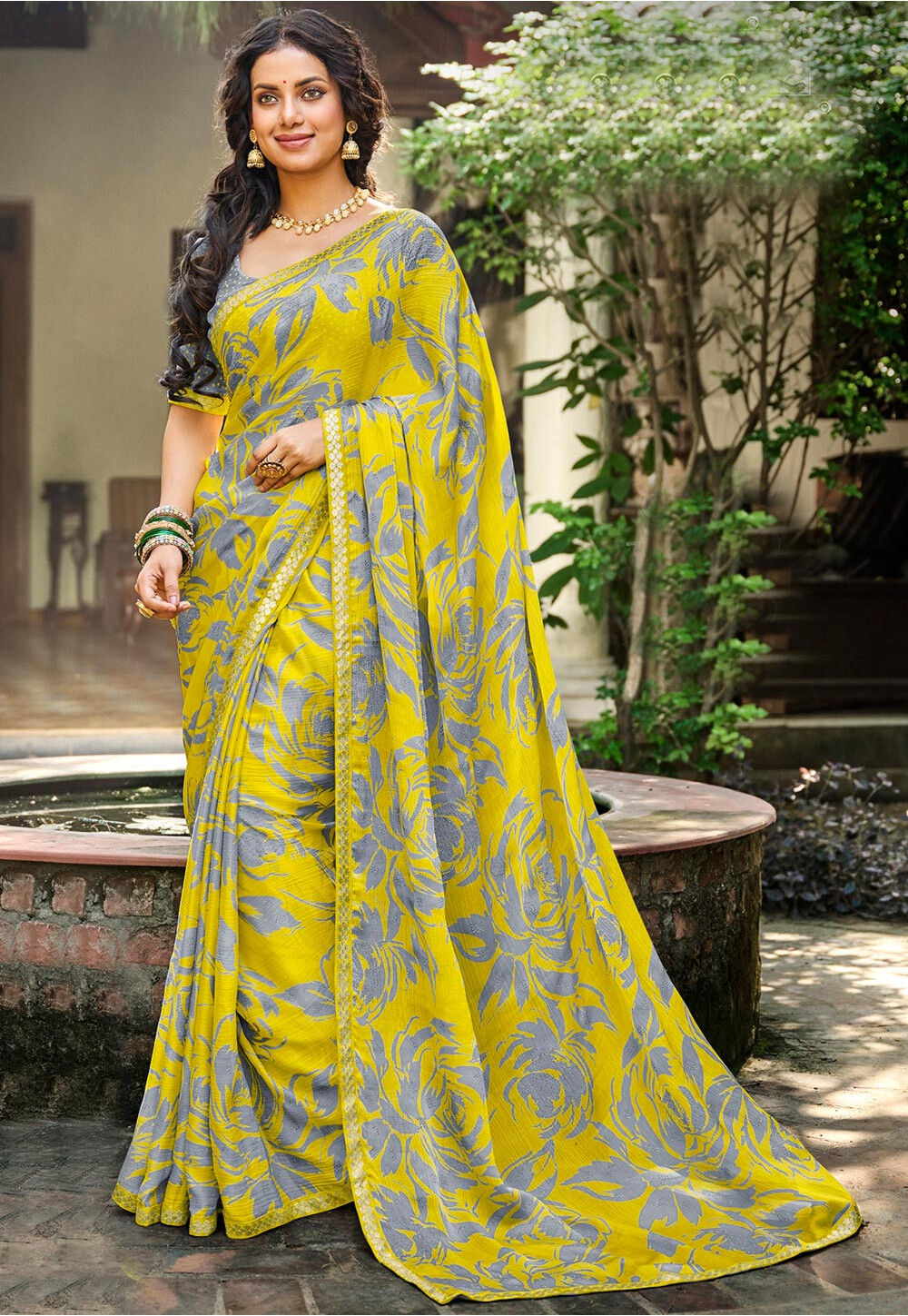 Amazon.com: Indian Ethnic Hub Women's Designer Premium Moss Chiffon Saree  With Embroidery Lace And Sequins Work, Yellow, 5.5M, Vicenza599 : Clothing,  Shoes & Jewelry