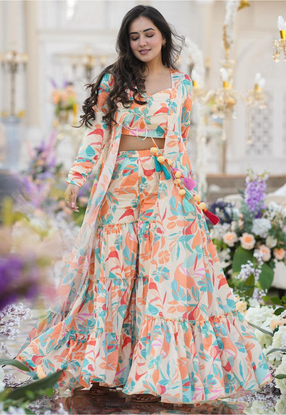 Buy Digital Printed Chinon Chiffon Crop Top Set in Off White and