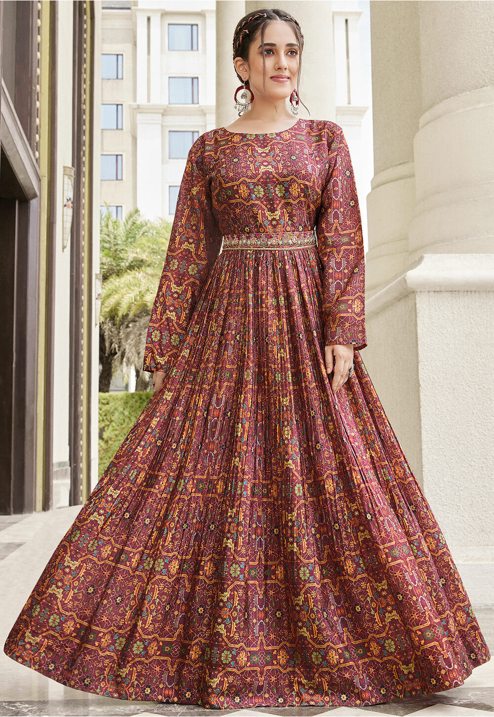 Buy Digital Printed Chinon Chiffon Flared Gown in Maroon Online : TKR89 ...