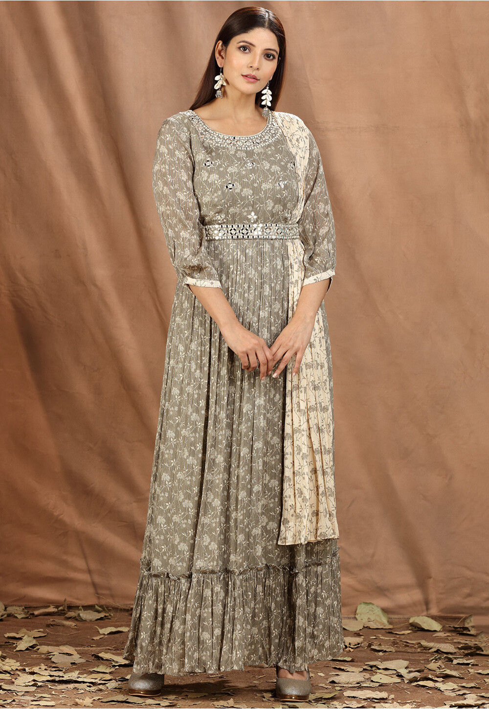 Woven Jacquard Gown with Attached Dupatta in Grey and Green : UKU1418
