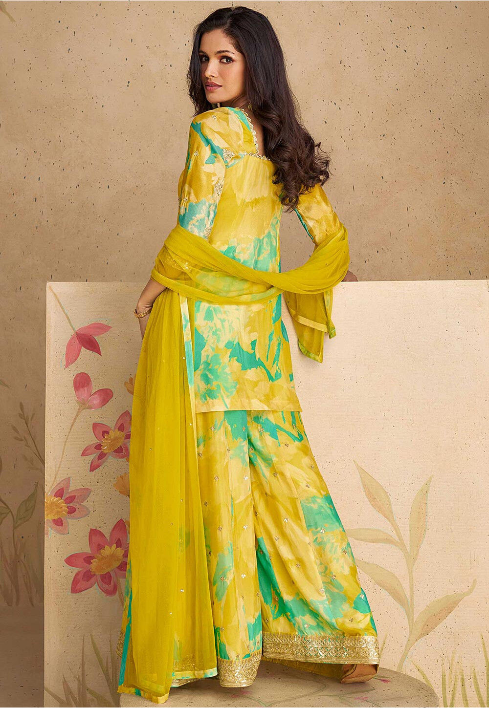 Sleek Yellow Heavy Chinon Silk Traditional Function Wear Heavy Chinon Silk Salwar Suit Collection With Yellow Heavy Chinon Silk main image 1