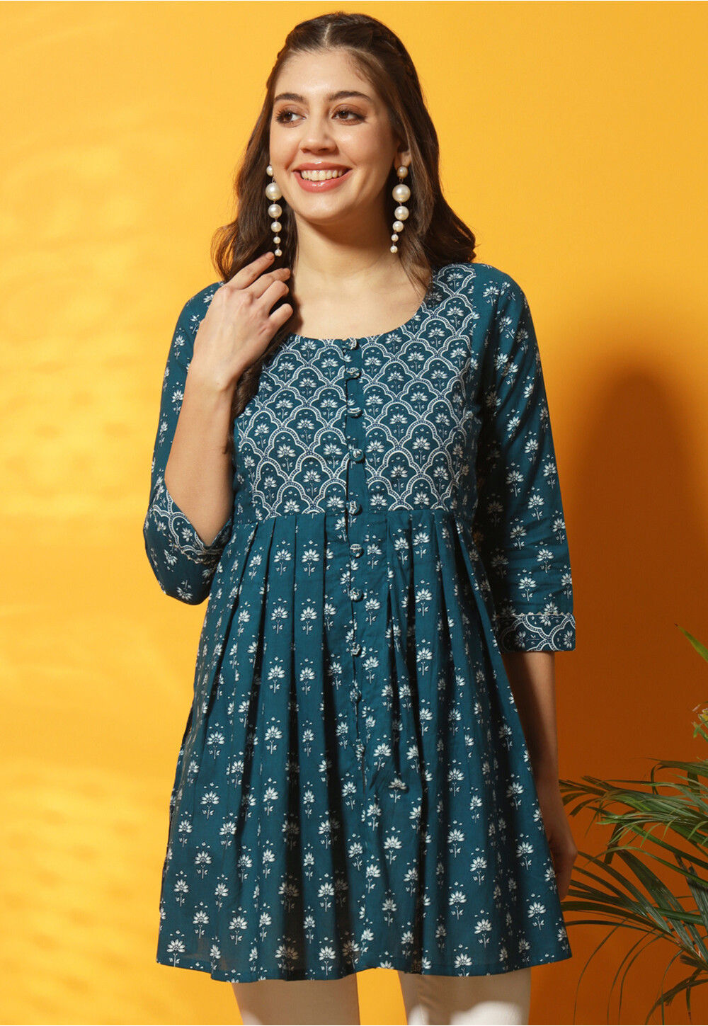 Women’s Teal Ikat Printed Cotton Straight Kurti