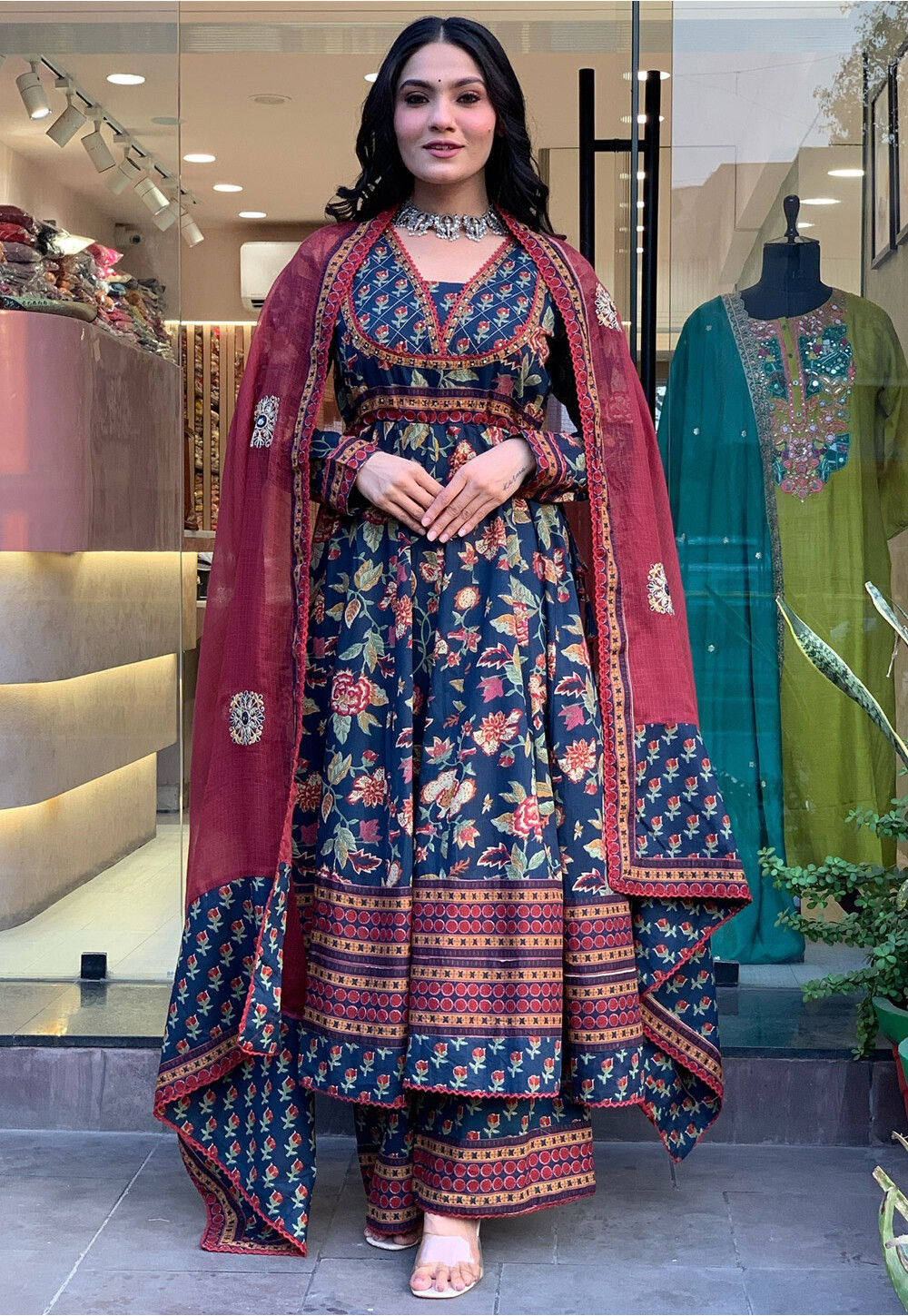 Line Patterned Suit Buy Digital Printed Cotton A Line Suit in Navy Blue Online : KJC6654 ...