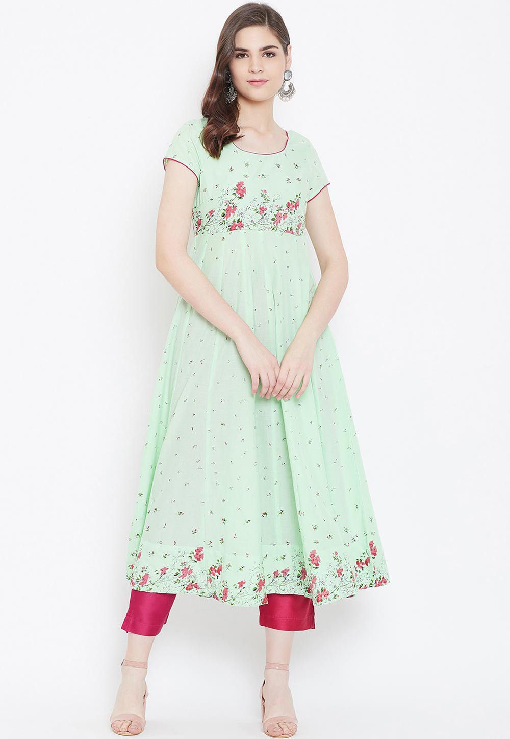 Green Printed Cotton Anarkali Kurta Set