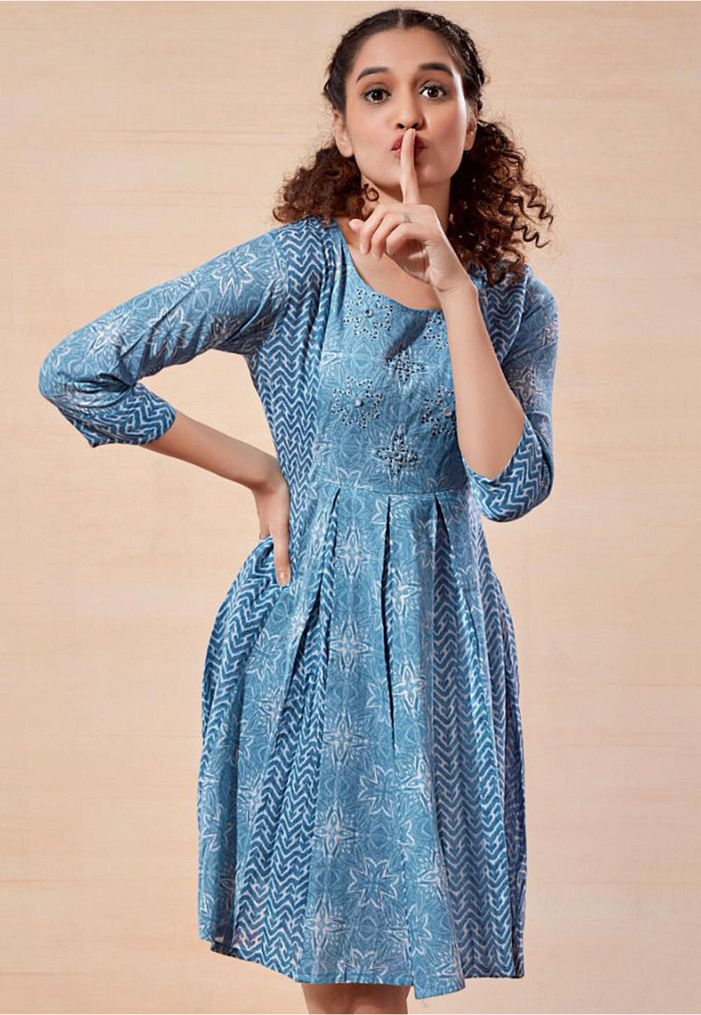 digital printed cotton box pleated dress in sky blue v1 tgw3733