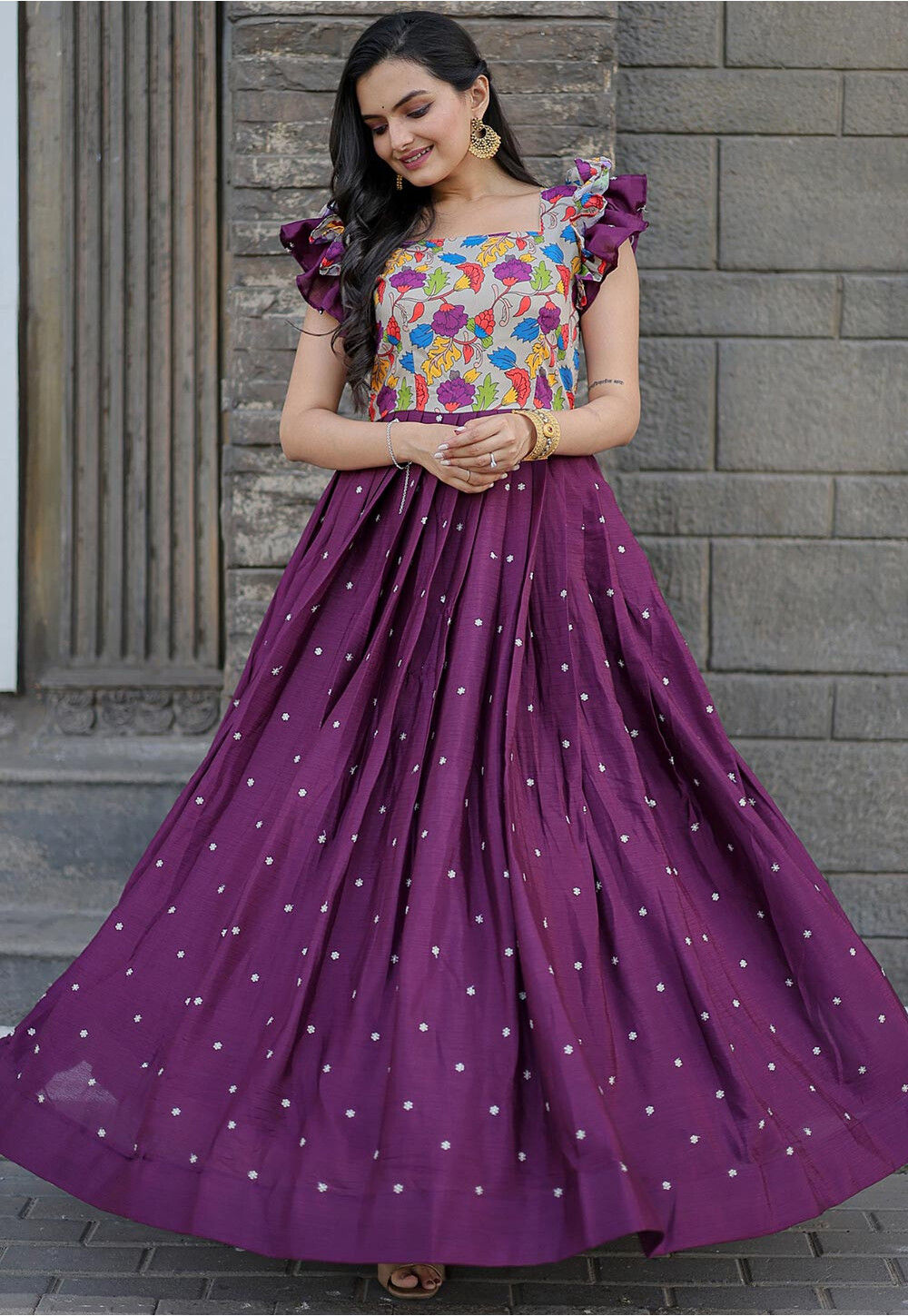 Digital Printed Cotton Flared Gown in Grey and Purple : TGW3889