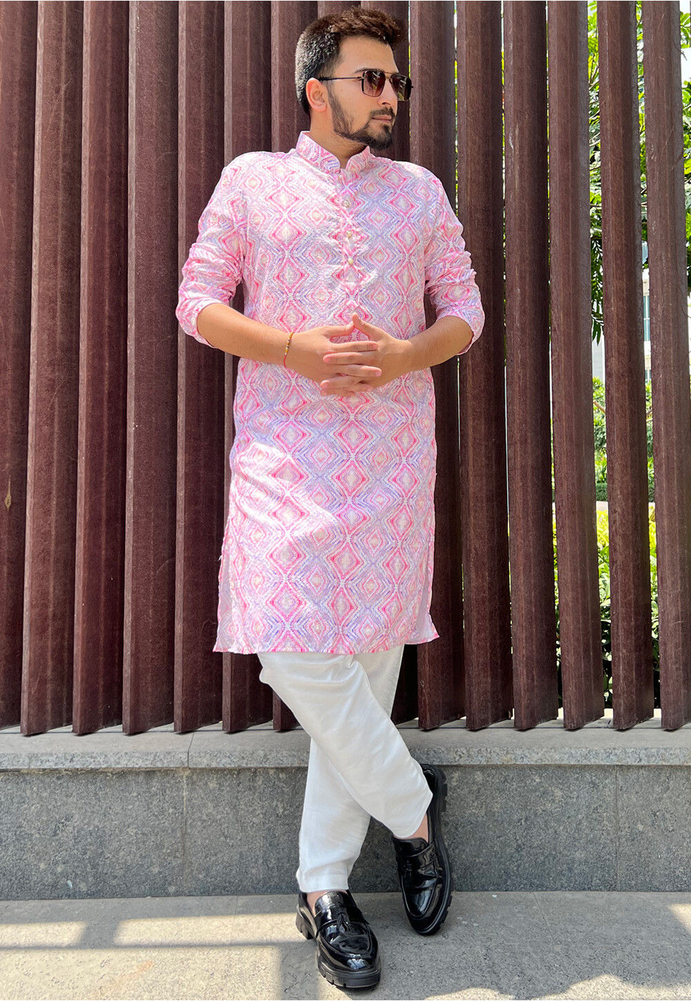 Digital Printed Cotton Kurta Set in Pink MUY956