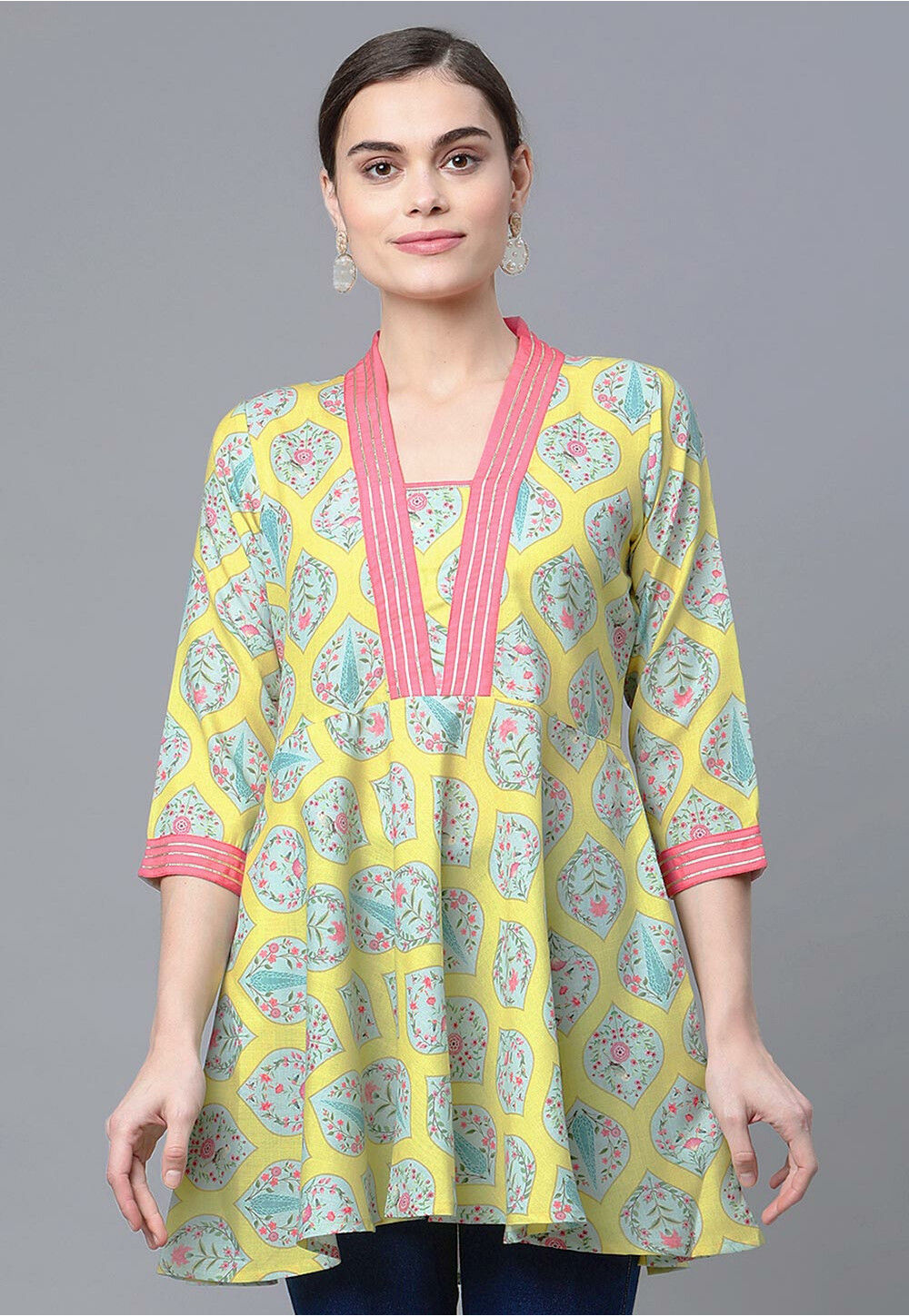 digital printed cotton kurti in yellow v1 tpa1485