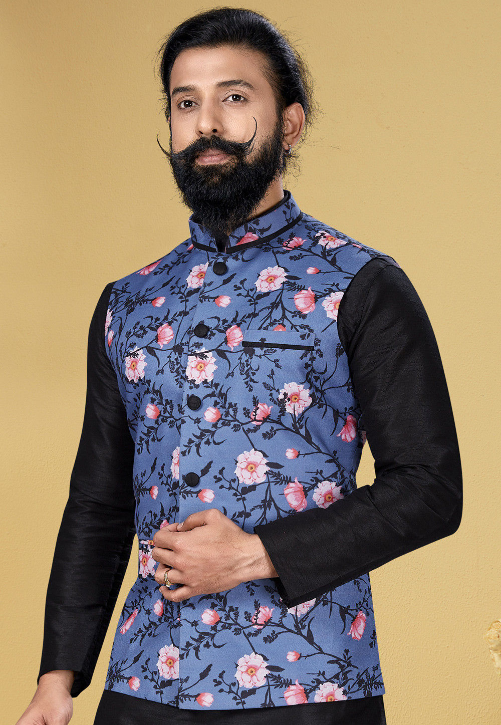 Blue cotton nehru jacket top