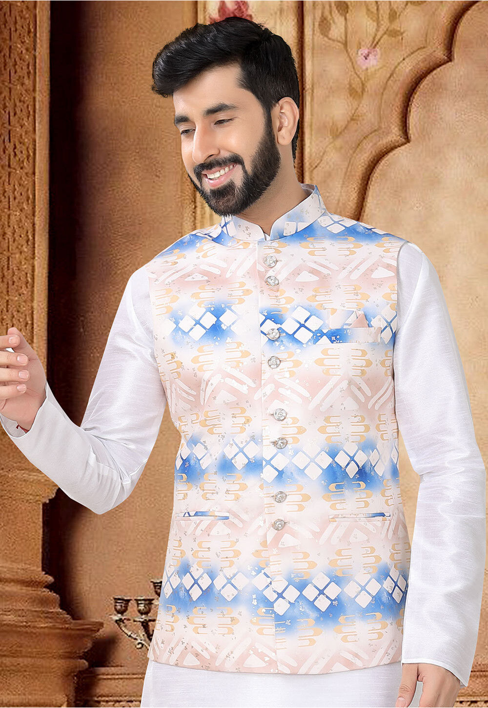 Buy Digital Printed Cotton Nehru Jacket in Peach Online MUY2243 Utsav Fashion