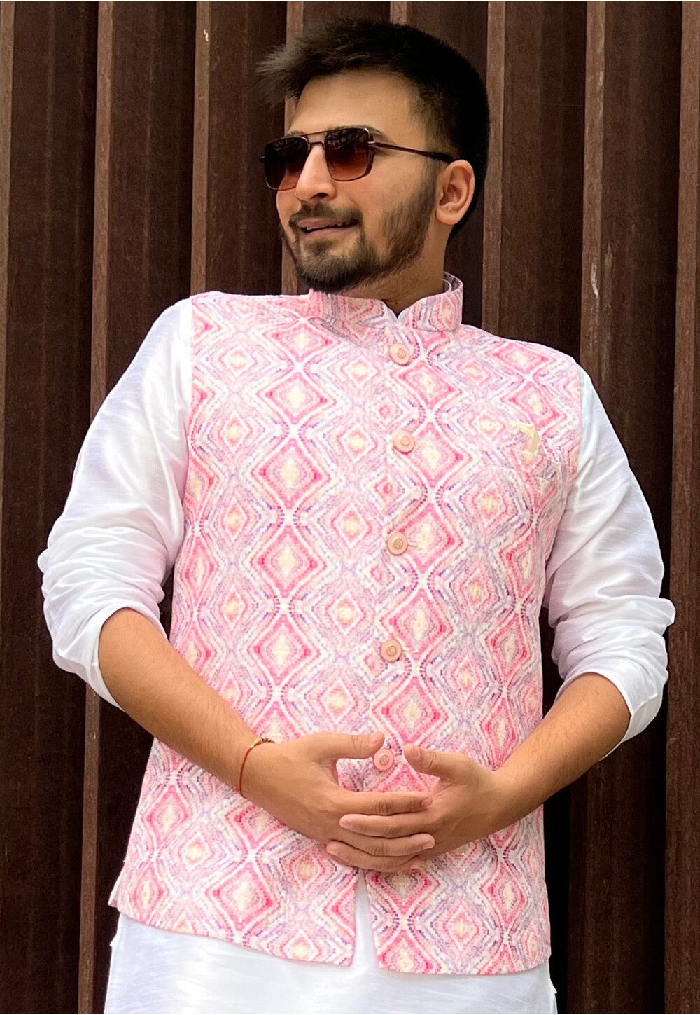 Digital Printed Cotton Nehru Jacket in Pink MUY947