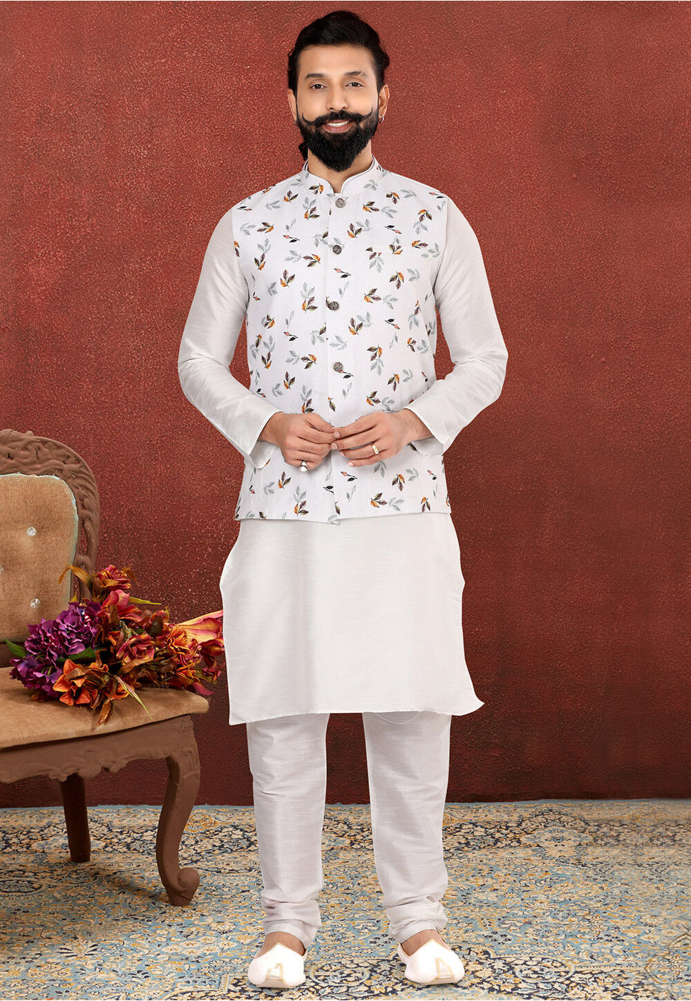 Digital Printed Cotton Nehru Jacket in White : MDW185