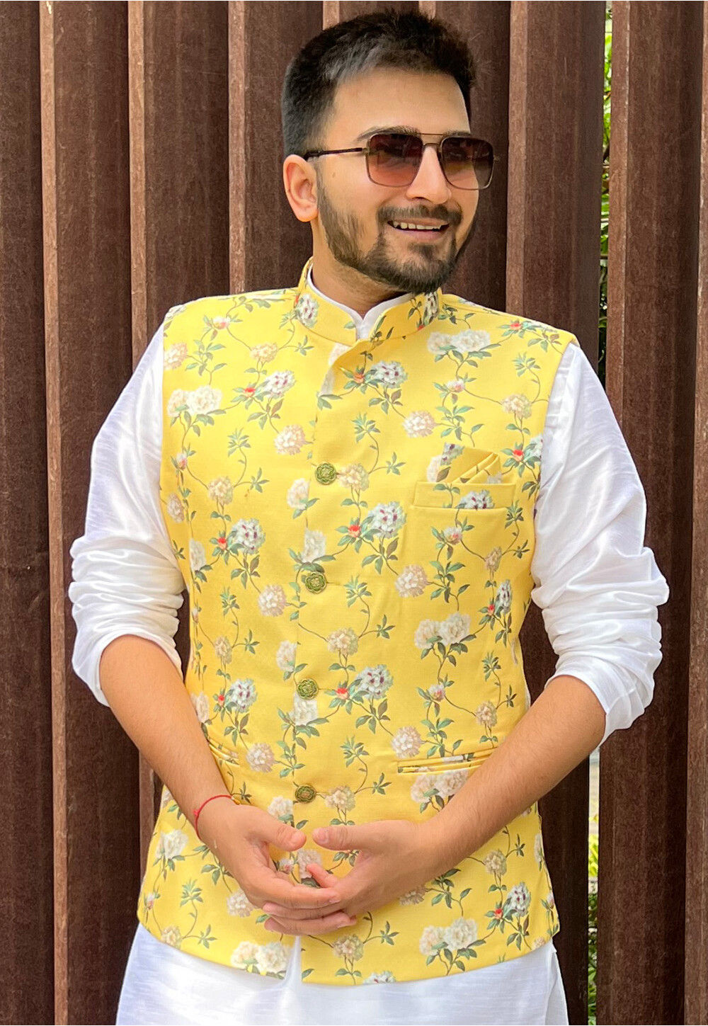 Buy Digital Printed Cotton Nehru Jacket in Yellow Online MUY946