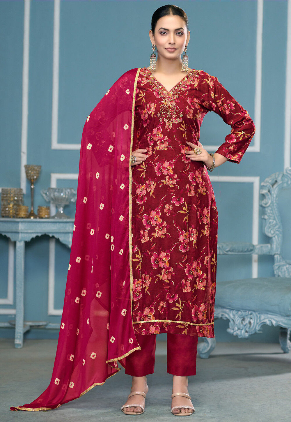 Digital Printed Cotton Pakistani Suit in Maroon Salwar Kameez
