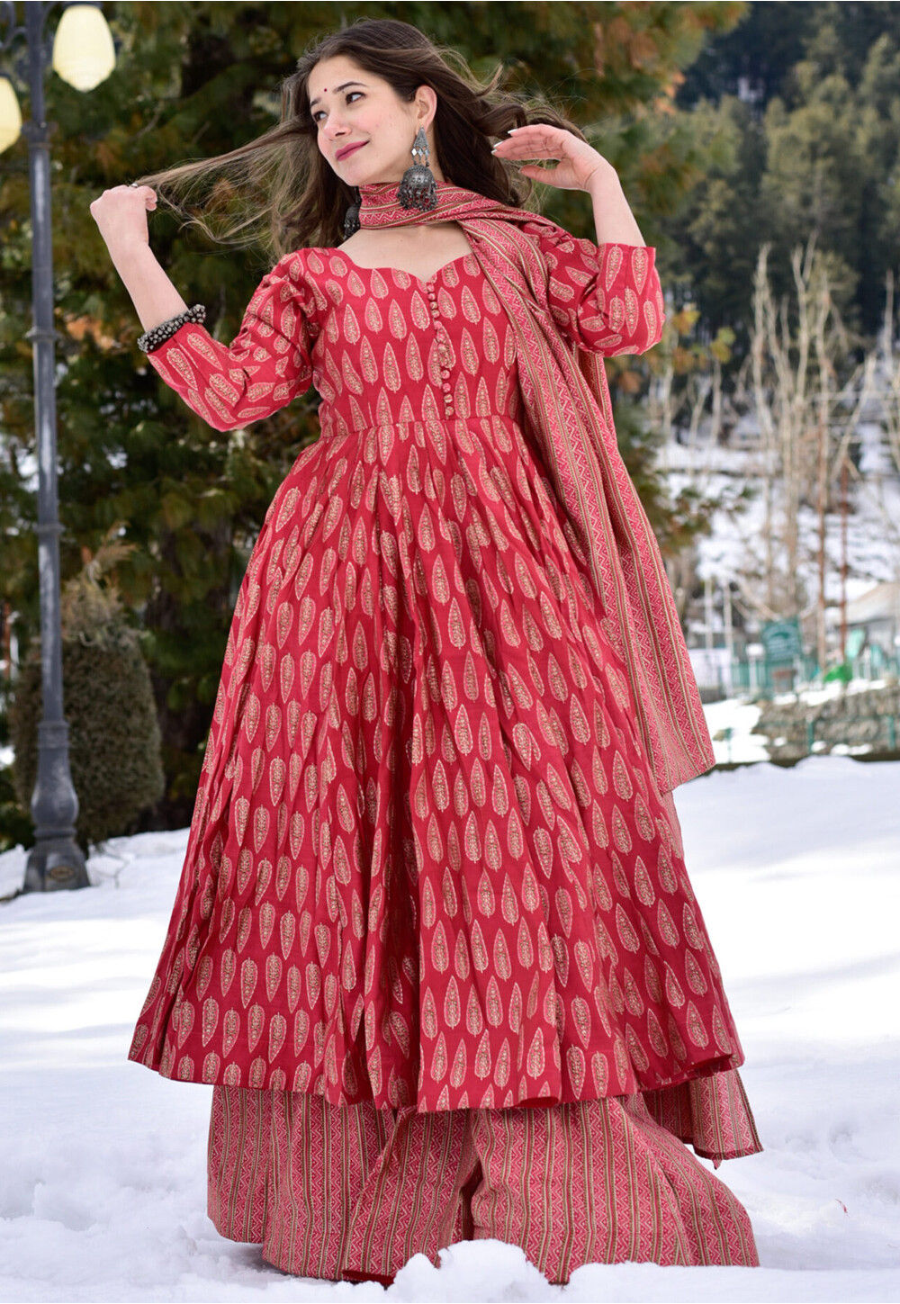 Digital Printed Cotton Pakistani Suit in Red Salwar Kameez
