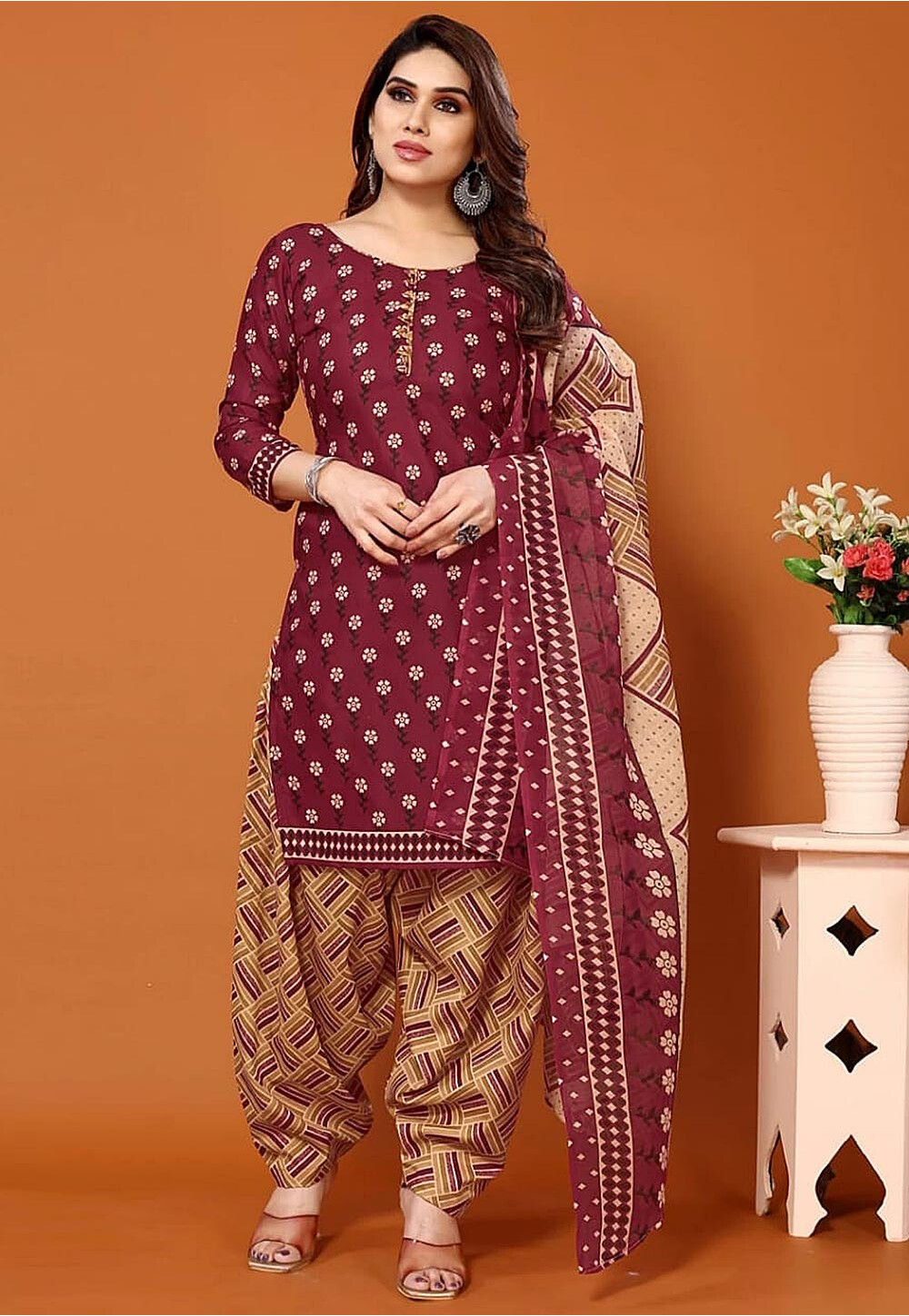 Buy Digital Printed Cotton Punjabi Suit In Maroon Online Kjc2837 Utsav Fashion 