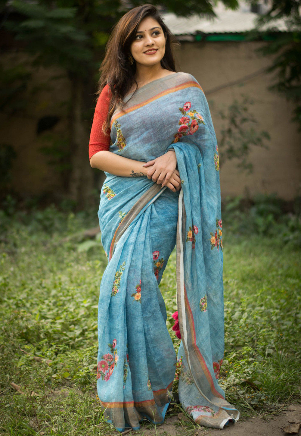 Sky Blue Color Pure Chanderi Silk Solid Handloom Saree – BharatSthali