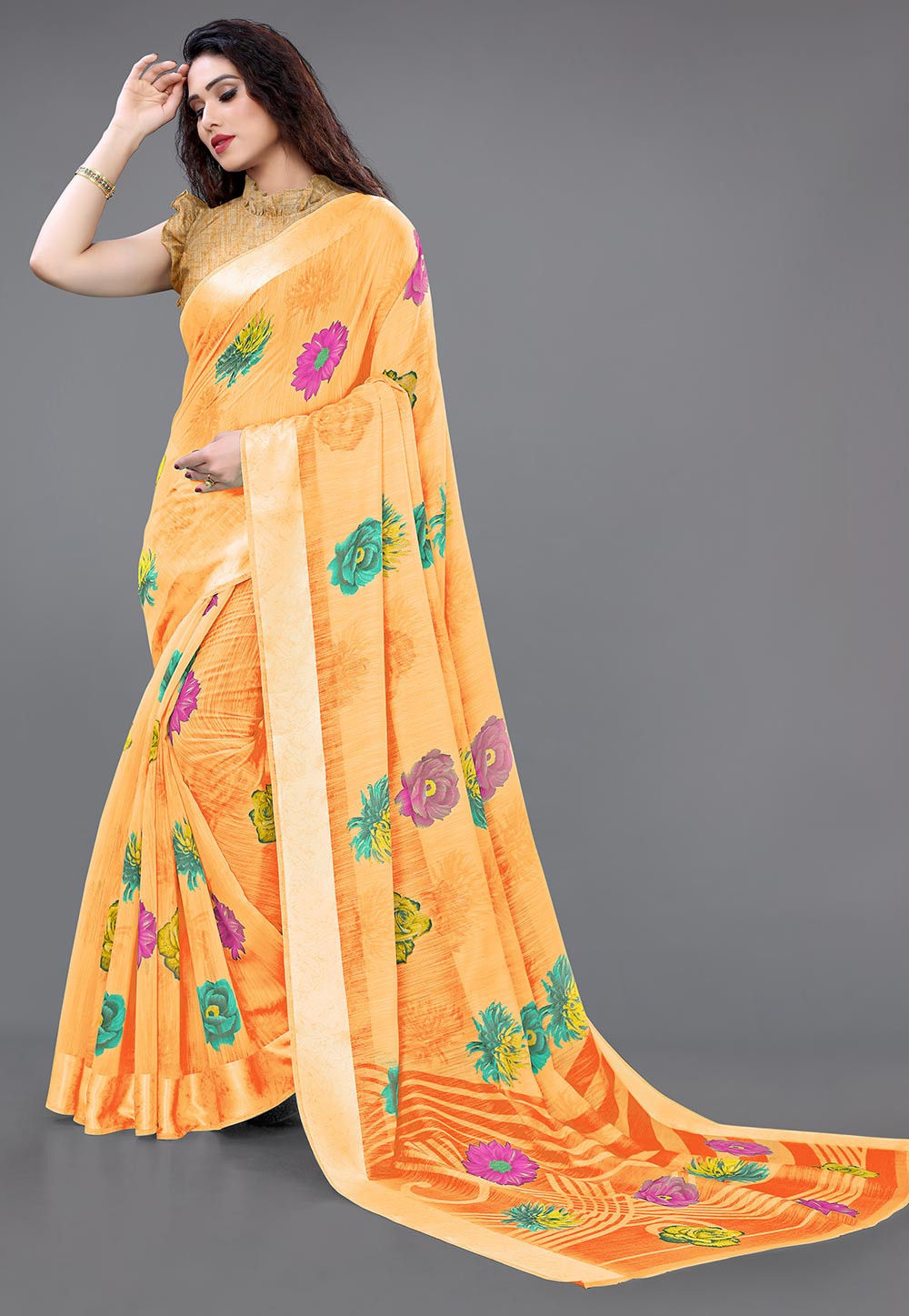 Digital Printed Cotton Saree in Light Orange : SJRA3757