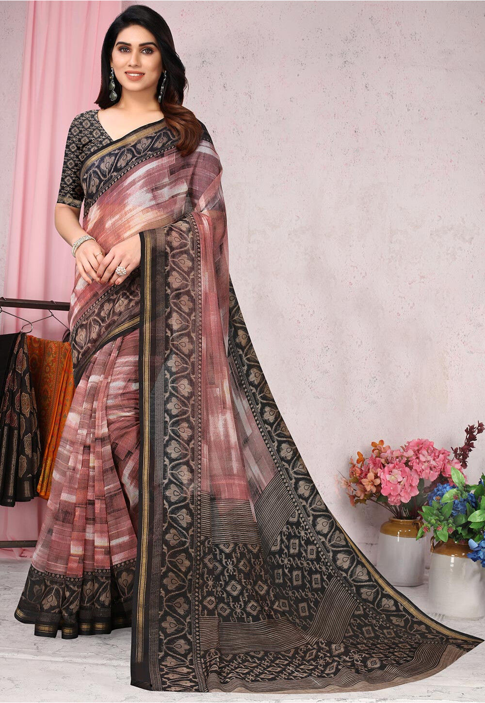 Digital Printed Cotton Saree in Old Rose