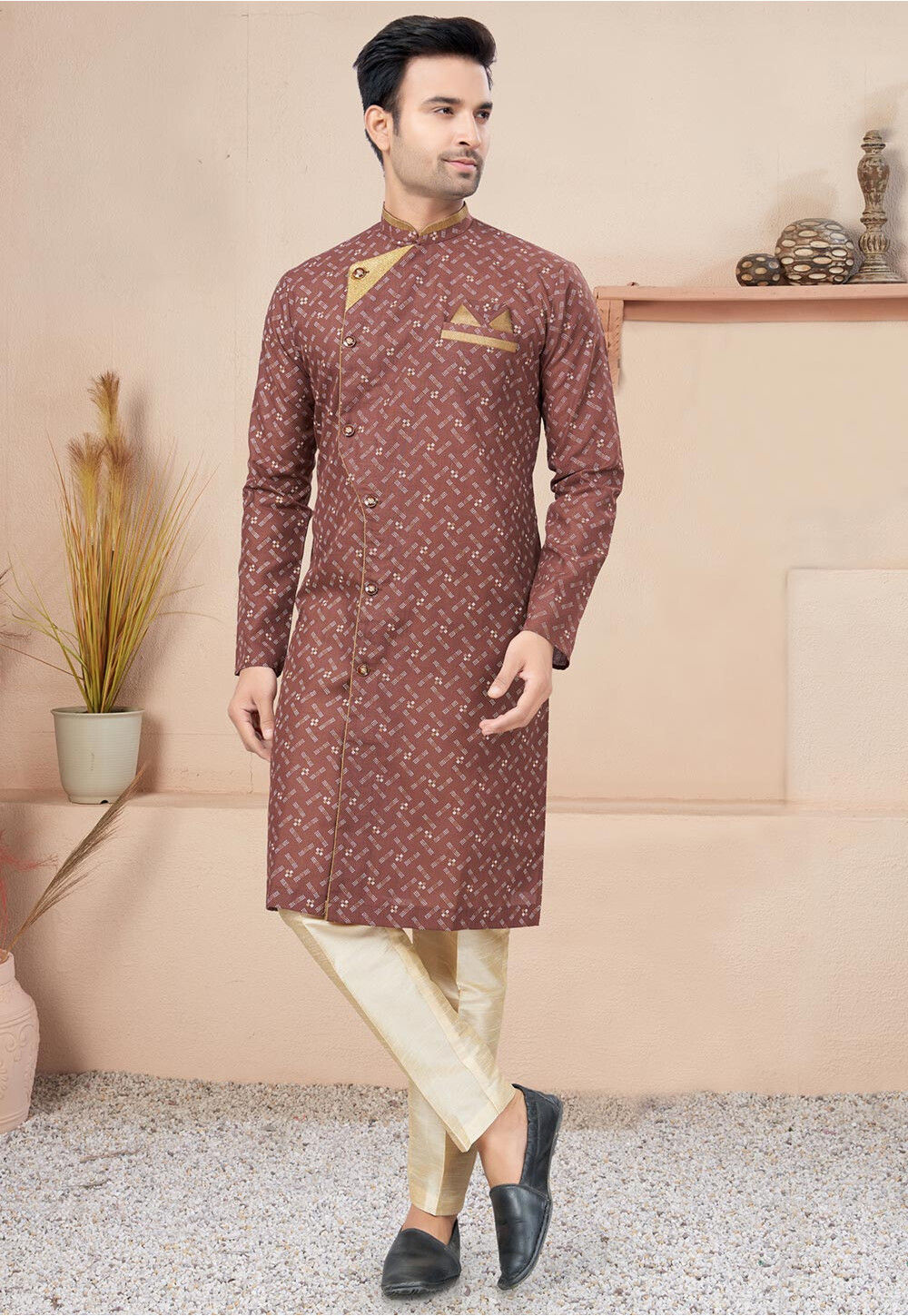 Digital Printed Cotton Sherwani in Brown MMQ2038