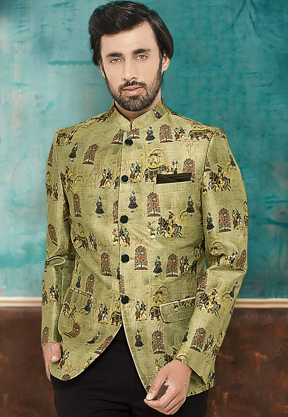 Buy Digital Printed Cotton Silk Jodhpuri Jacket in Pastel Green Online MHG1773 Utsav Fashion