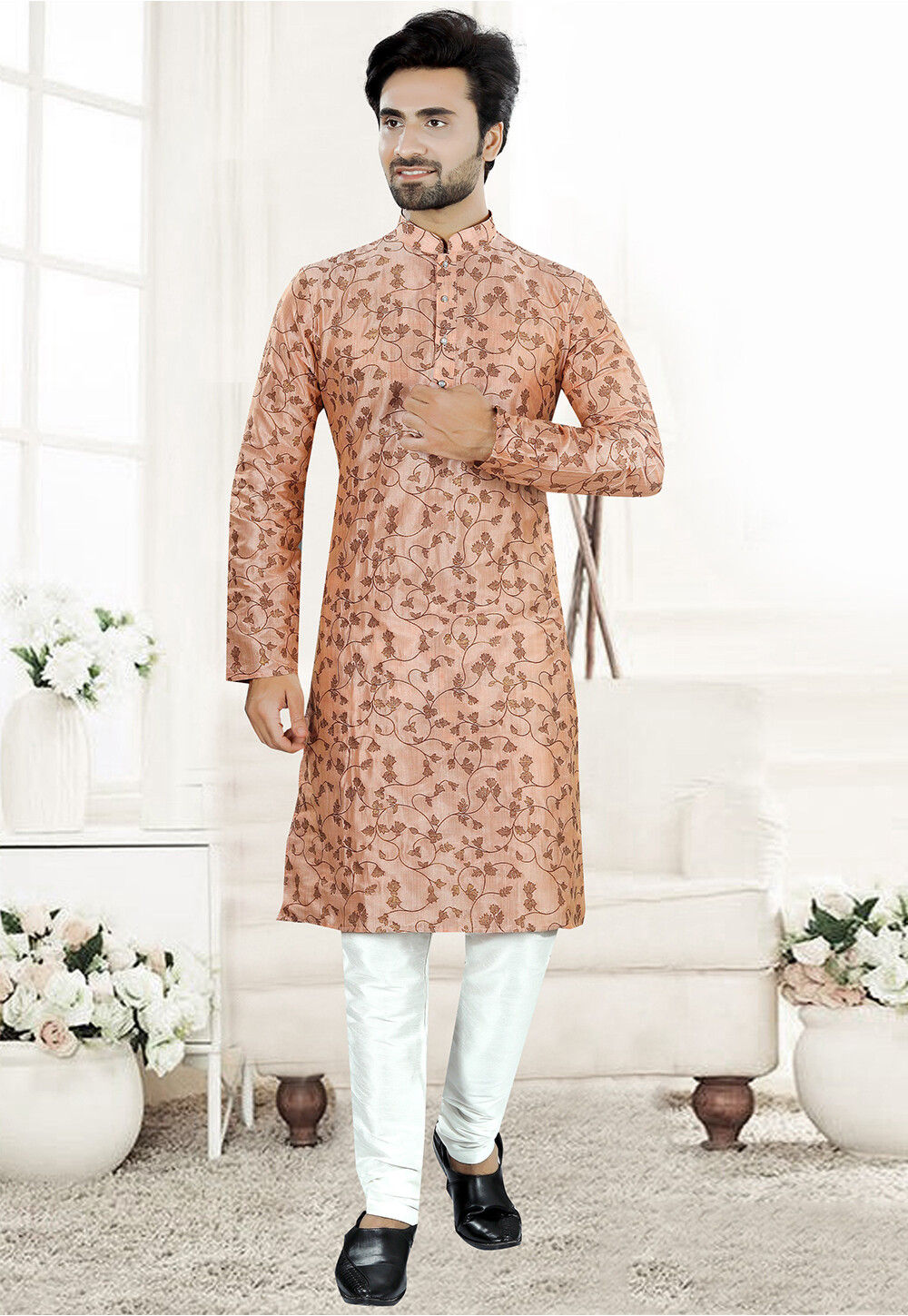 Peach Printed Silk Blend Straight Kurta Set main image 0