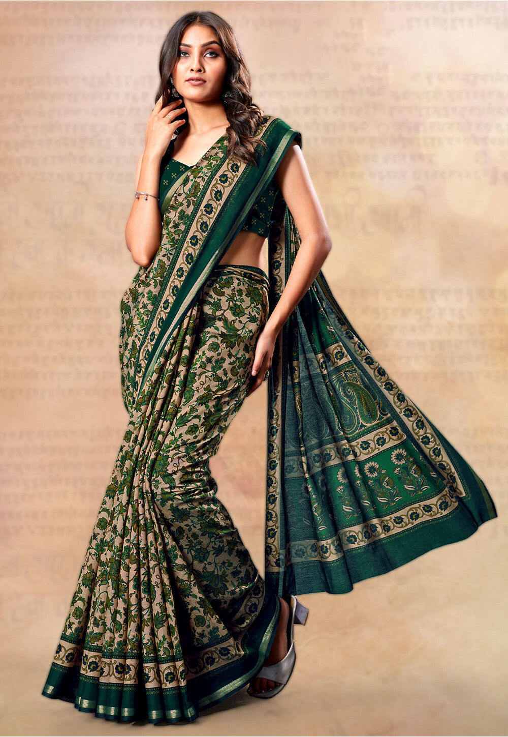 Beige Printed Cotton Silk Saree